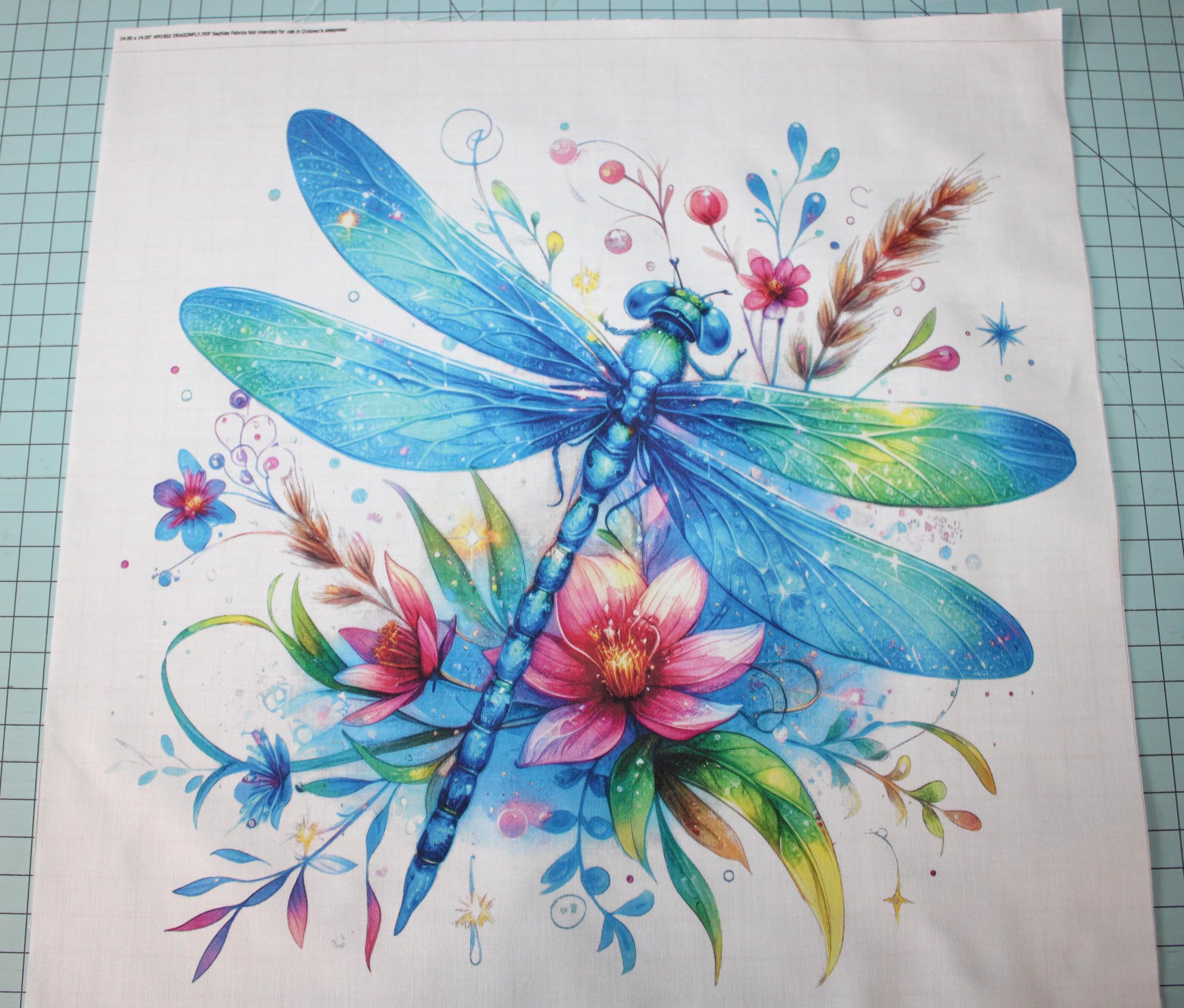 Fabric Panel 14"x14" Dragonfly 100% Cotton Quilting Sewing Square AM1902