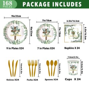 168Pcs God Bless Plates and Napkins Baptism Tableware Set First Holy Communion Party Decorations Mi Bautizo Eucalyptus Leaves Sage Paper Plates Christening Celebration Baby Shower Supplies,Serve 24