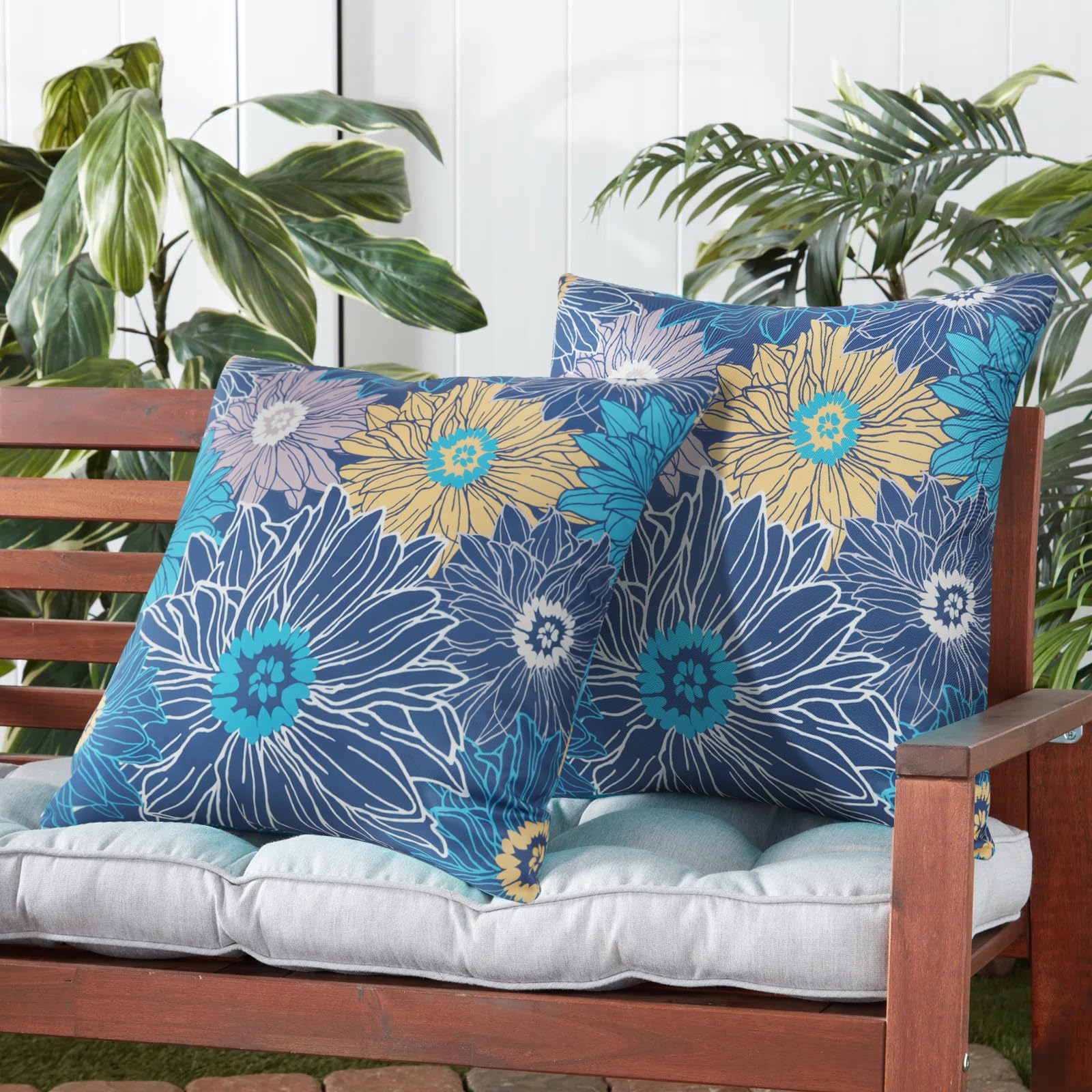 Adabana Outdoor Waterproof Pillow Covers 18x18 Inch Set of 2 Decorative Floral Throw Pillows Cover for Patio Garden Porch Navy Blue