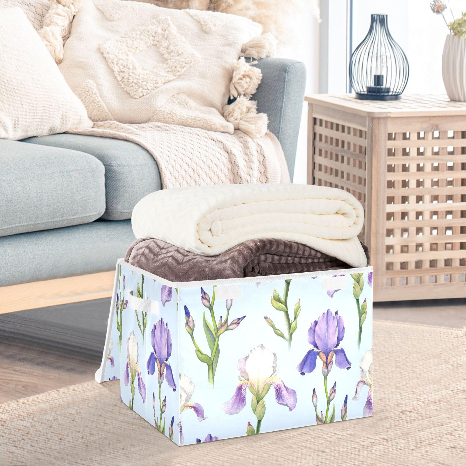 Doterii Chic Purple Iris Flower Storage Bin with Lid Fabric Foldable Cube Baskets Closet Toy Organizer