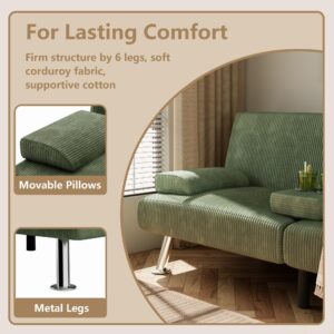 Flamaker Futon Sofa Bed Corduroy Folding Couch Adjustable Sleeper Sofa Bed for Small Apartment Upholstered Living Room Furniture Set with 2 Cup Holders Removable Armrests (Green)