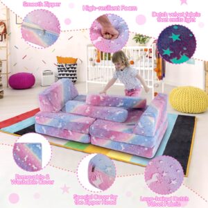 13 PCS Kids Play Couch, Modular Kids Play Couch Set,Glowing Toddler Couch, Kid Play Couch Sofa for Playroom and Bedroom (Rainbow)