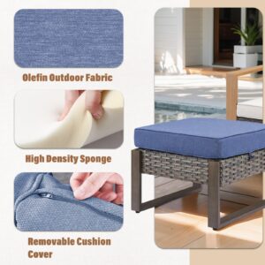 HUMMUH Patio Ottomans Outdoor Foot Rest-All Weather Rattan Outdoor Footstool with Removable Cover Cushions for Deck Porch Garden Balcony Poolside-Grey/Blue