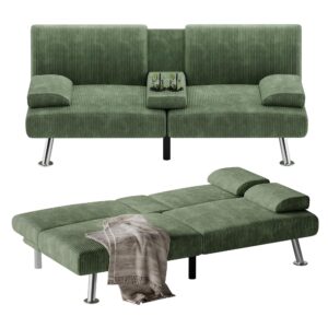 flamaker futon sofa bed corduroy folding couch adjustable sleeper sofa bed for small apartment upholstered living room furniture set with 2 cup holders removable armrests (green)