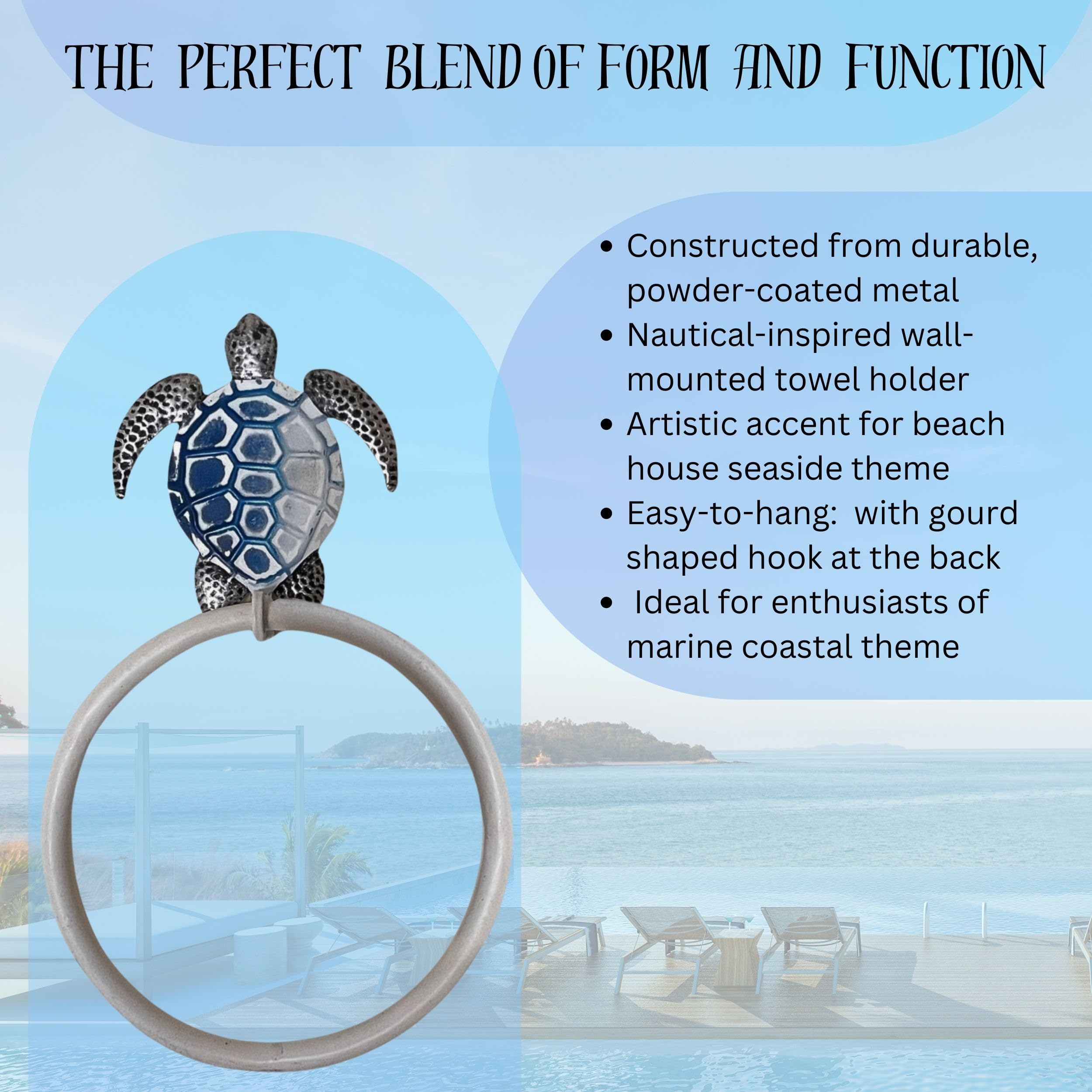 Metal Sea Turtle Towel Ring Wall Mount - Beach House Inspired, Coastal Themed Towel Holder - Nautical Bathroom Decor and Accessories - Ideal for Marine Tropical Life Lovers