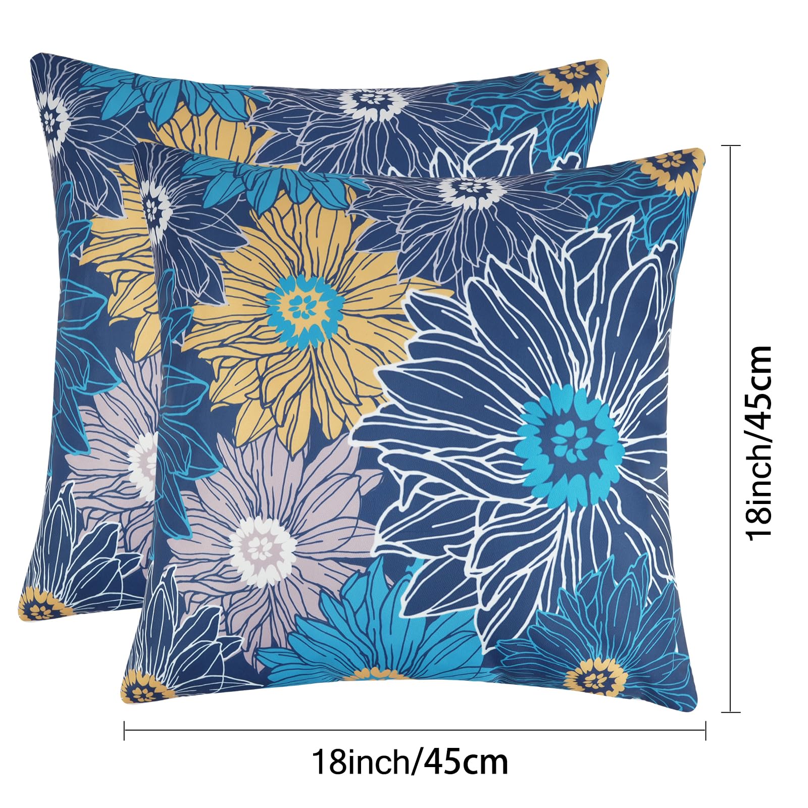 Adabana Outdoor Waterproof Pillow Covers 18x18 Inch Set of 2 Decorative Floral Throw Pillows Cover for Patio Garden Porch Navy Blue