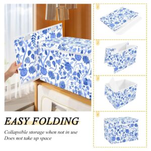 Doterii Blue Chinoiserie Blooming Flowers Storage Bin with Lid Fabric Foldable Cube Baskets Closet Toy Organizer