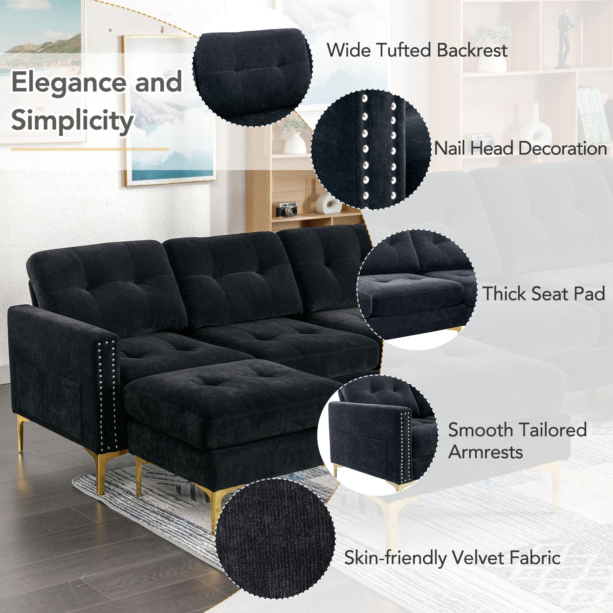 FANYE 111" W U-Shaped Sectional Sofa Couch with Reversible Chaise and Movable Ottoman, Modern 5-Seaters Convertible Corner Sofa&Couch with Side Pockets and Nail Head Decor for Living Room