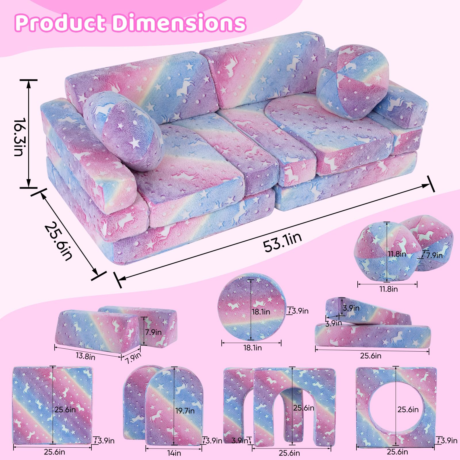 13 PCS Kids Play Couch, Modular Kids Play Couch Set,Glowing Toddler Couch, Kid Play Couch Sofa for Playroom and Bedroom (Rainbow)