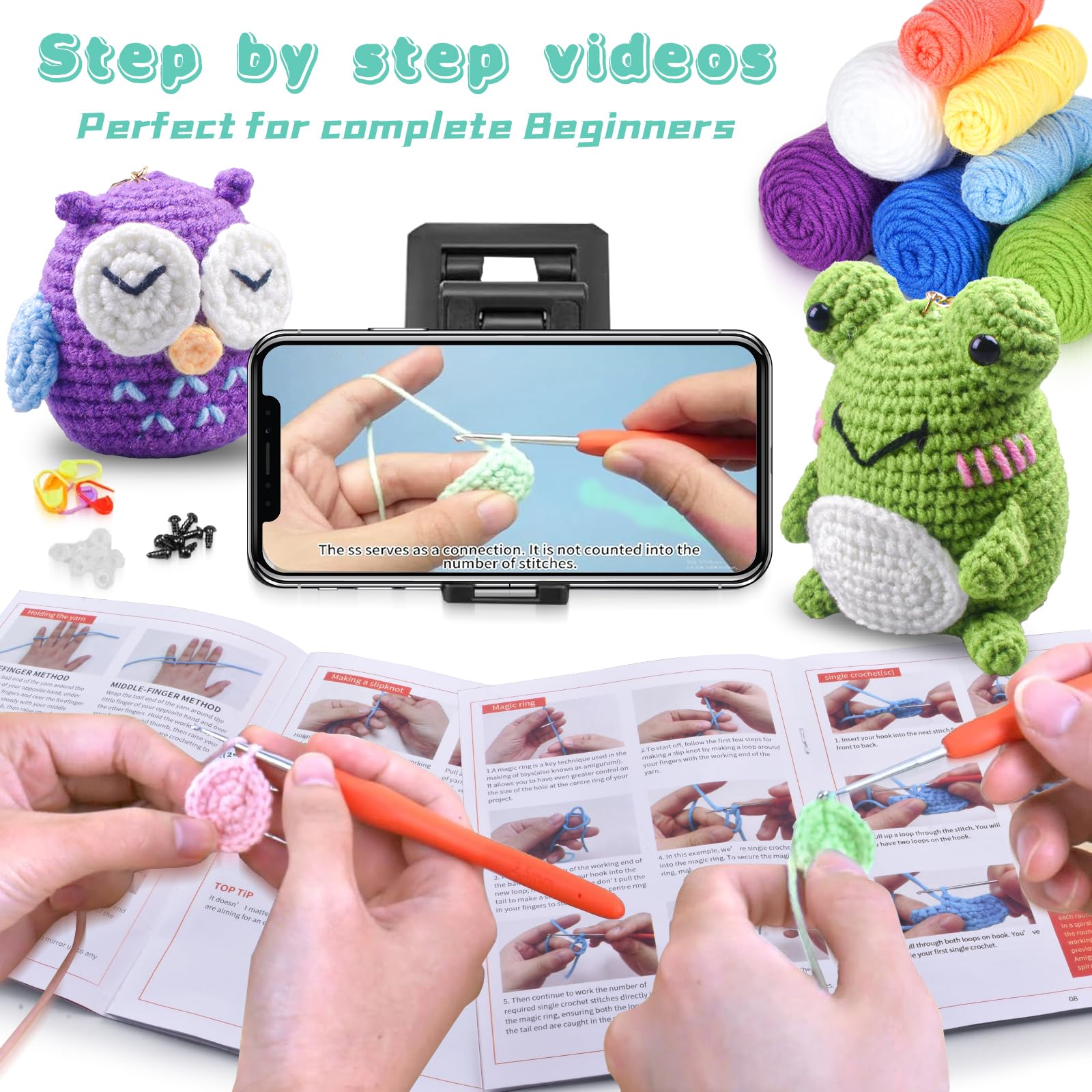 Crochet Kit for Beginners Kids Adults - Amigurumi Crocheting Animal Kits, Beginner Knitting Set DIY Art Craft, 3 Pattern Owl, Penguin, Frog, Easy to Learn Tutorials, Yarns, Hook, for Girls Age 12+