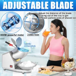 Ice Shaver Machine - Electric 4 Blades Ice Crusher Shaver, Stainless Steel Snow Cone Maker Shaved Ice Machine (300W 2200r/min) for Home & Commercial Use, Prevent Splash, with Ice Pick & Bowl