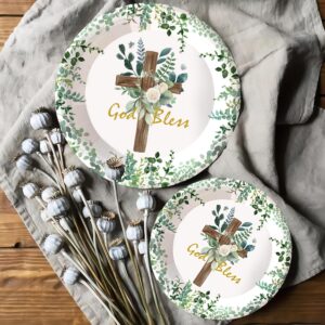 168Pcs God Bless Plates and Napkins Baptism Tableware Set First Holy Communion Party Decorations Mi Bautizo Eucalyptus Leaves Sage Paper Plates Christening Celebration Baby Shower Supplies,Serve 24