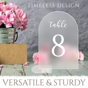 17 Pieces Wedding Table Numbers with Stands, Table Numbers 1-15 with Head Table and Gift Table, 5x7 Inch Frosted Arch Acrylic Table Numbers with White Letters, Table Numbers for Wedding Reception