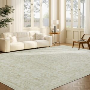 hombys 10x14 neutral floral area rug for living room bedroom, large boho floor carpet with non-slip backing for indoor, traditional home deco non-shedding, khaki, machine washable