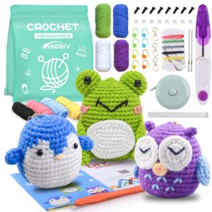 crochet kit for beginners kids adults - amigurumi crocheting animal kits, beginner knitting set diy art craft, 3 pattern owl, penguin, frog, easy to learn tutorials, yarns, hook, for girls age 12+