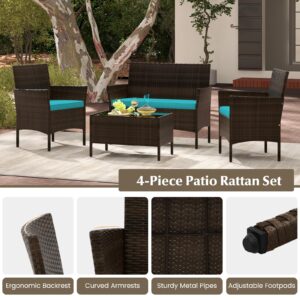 Tangkula 8 Piece Patio Rattan Conversation Set, Outdoor Wicker Furniture Set with Chair, Loveseat & Tempered Glass Table, Cozy Seat Cushions, Outside Sectional Sofa Set for Backyard (2,Turquoise)