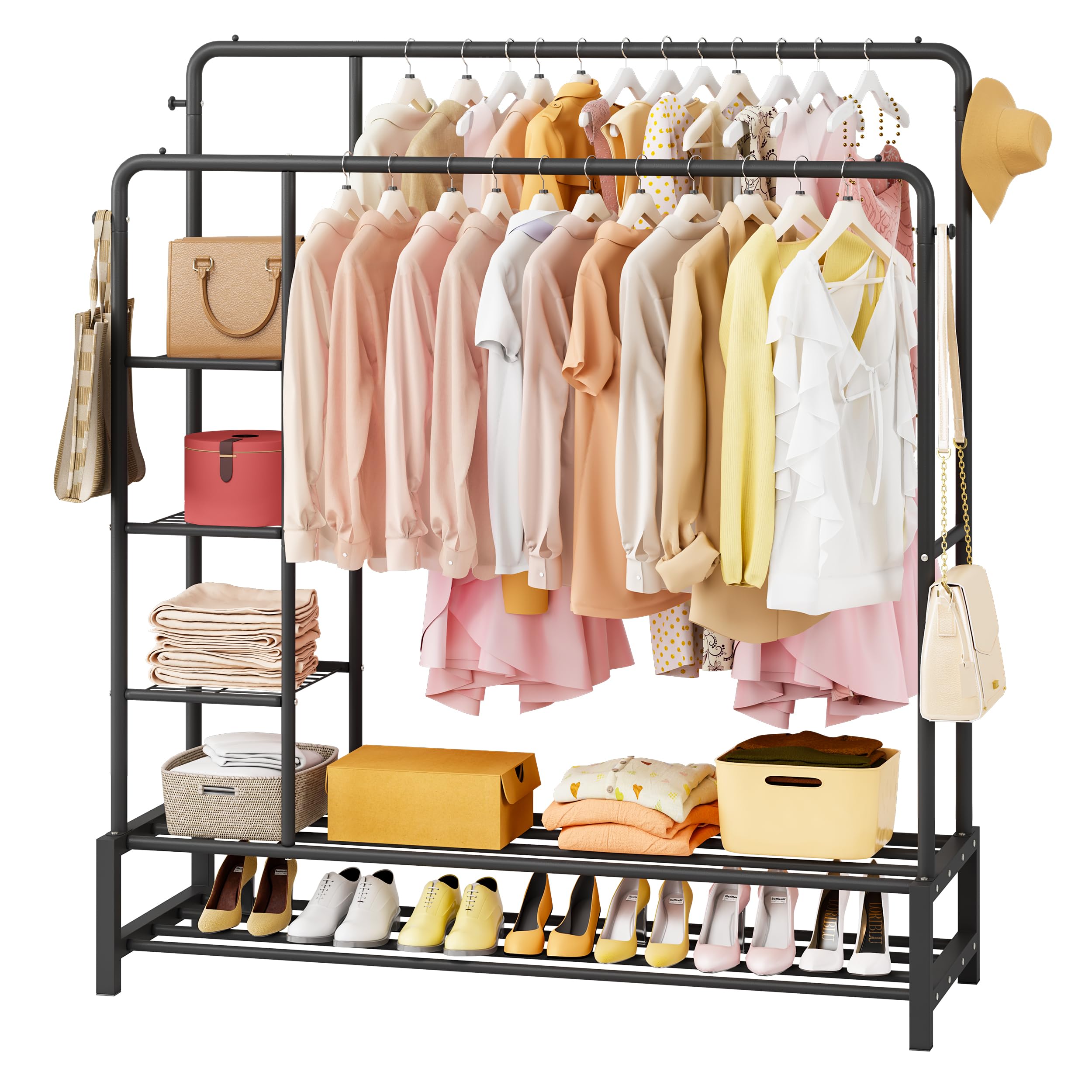 JOISCOPE 47'' * 67'' Heavy Duty Clothes Rack, Double Rods Clothing Racks for Hanging Clothes, Garment Rack with 5 Tier Closet Shelves & 4 Hooks for Clothing Storage, Metal Black Clothing Rack