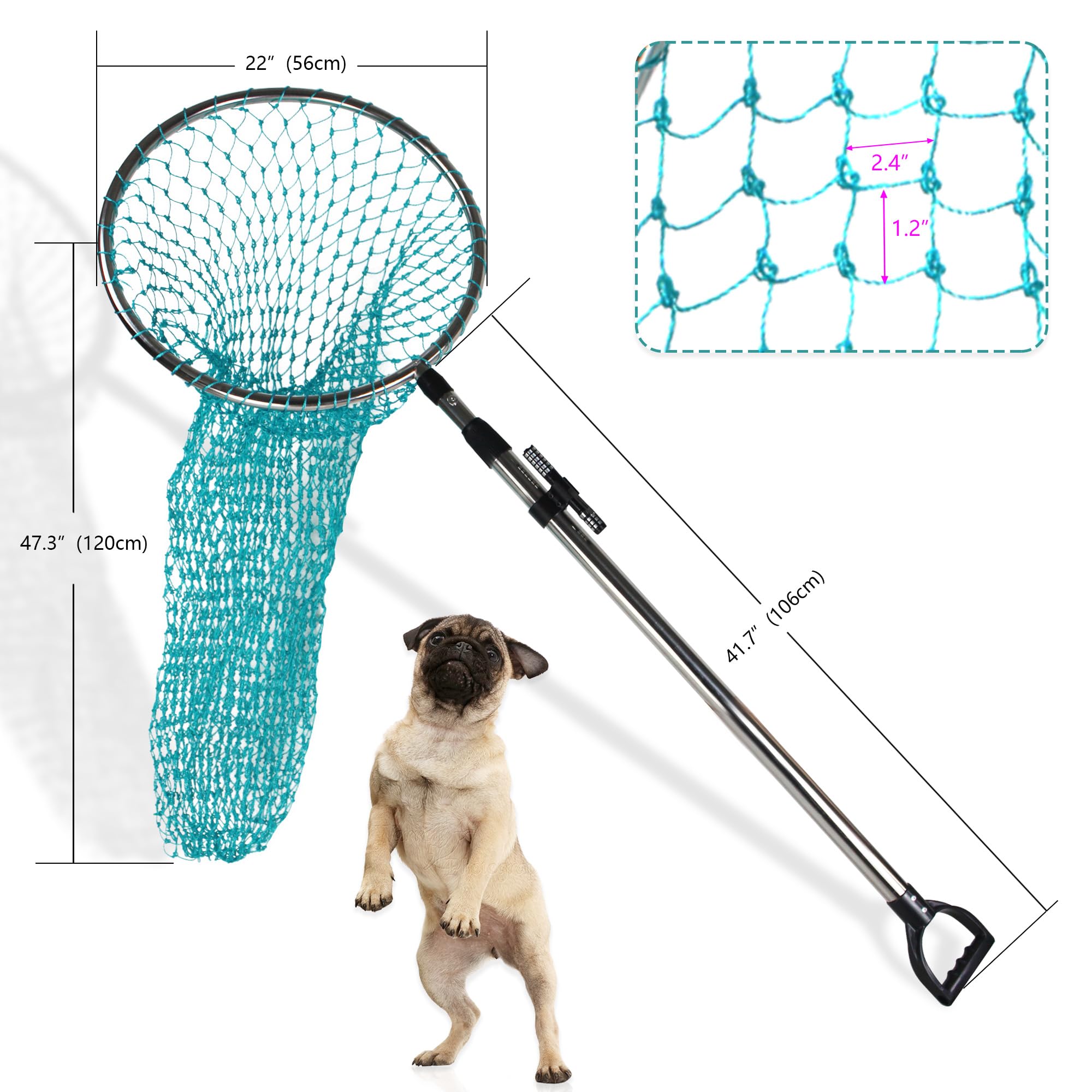 Wamlet Dog Catch Net Animal Control Net Poultry Catching Trap Tool Length Adjustable for Cat, Pigeon and Others (42~70" Handle with 22" Net Opening) (Stainless Steel, Natural)