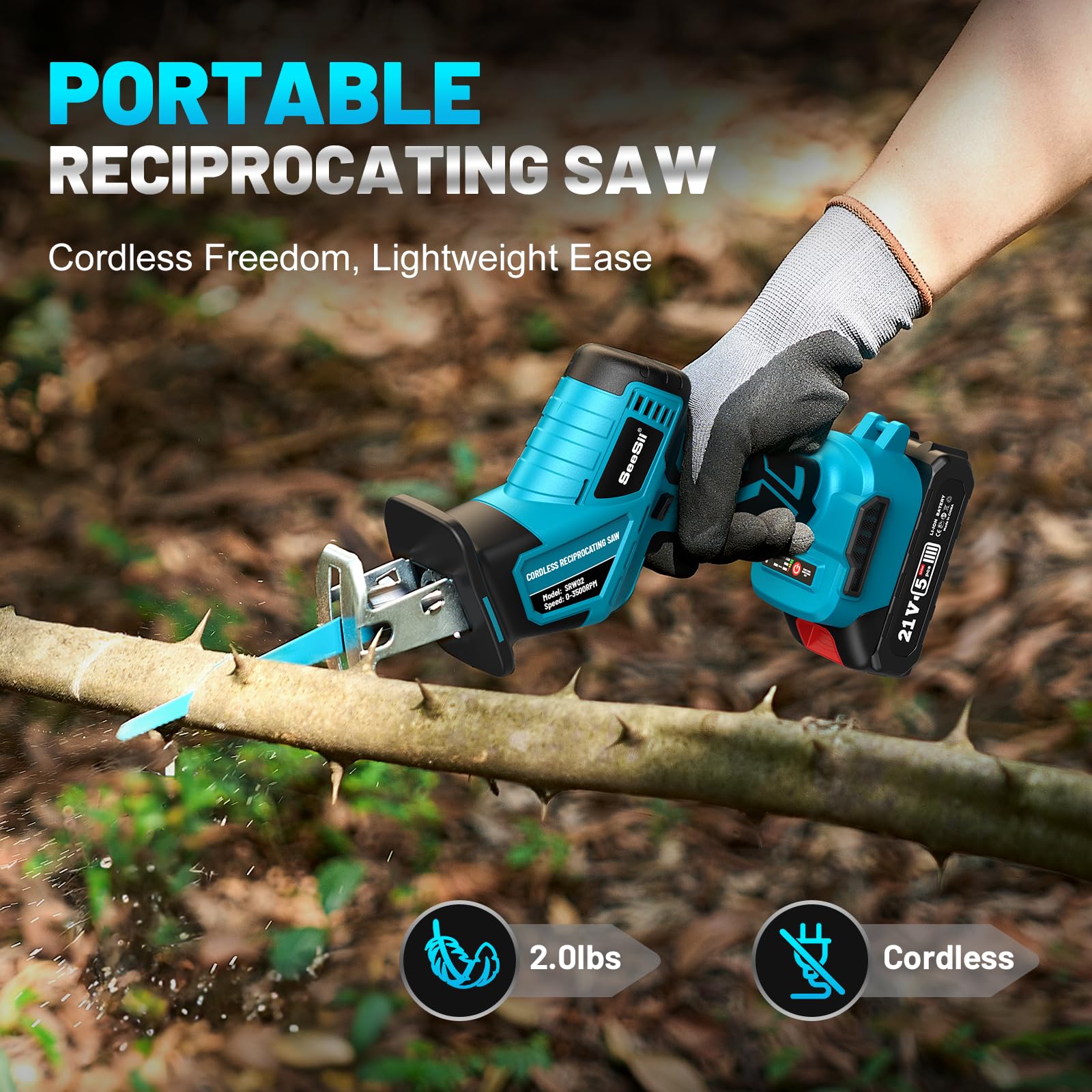 Reciprocating Saw Cordless, Sawzall Cordless with 2 x 2.0Ah Batteries, 3500RPM Brushless Power, LED Light, Tool-free Blade Change 8 Saw Blades Portable Reciprocating Saw for Wood PVC Cutting