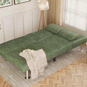 Flamaker Futon Sofa Bed Corduroy Folding Couch Adjustable Sleeper Sofa Bed for Small Apartment Upholstered Living Room Furniture Set with 2 Cup Holders Removable Armrests (Green)