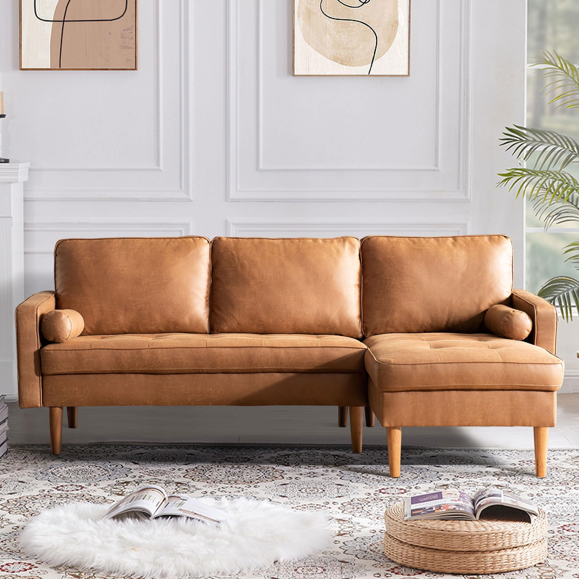 XIZZI L Shaped Couch for Living Room,83" Mid Century Modern Sofa with Right Chaise,Suede Fabric 3-Seat Solid Wood Frame Couches for Apartment,Office and Small Space,Brown