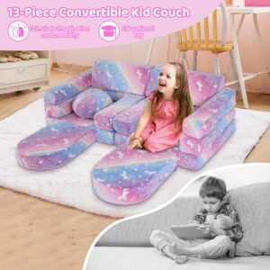 13 PCS Kids Play Couch, Modular Kids Play Couch Set,Glowing Toddler Couch, Kid Play Couch Sofa for Playroom and Bedroom (Rainbow)