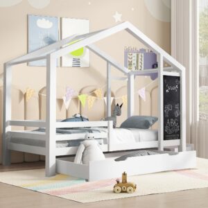 humeha twin house bed with drawers, kids platform bed frame with blackboard, montessori house bed with slats and roof for teens girls boys, 80.1" l x 41.9" w x 72" h, white