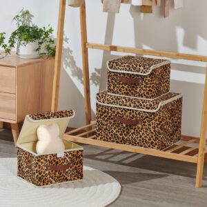 VinneGenzz Storage Bin with Lid Leopard Print Cute Velvet Fabric Storage Basket Box Faux Leather Handles PP Plastic Board Foldable Washable Lidded Closet Shelf Organizer Container (Small Size)