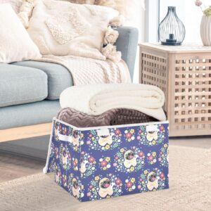 Doterii Cute Pug Dog and Flowers Storage Bin with Lid Fabric Foldable Cube Baskets Closet Toy Organizer