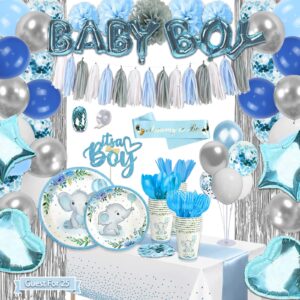 277 pcs baby shower decorations for boy, elephant boy baby shower decorations kits - disposable dinnerware set with blue elephant (25 guest), "baby boy" banner, balloon, sash, cake topper (blue)