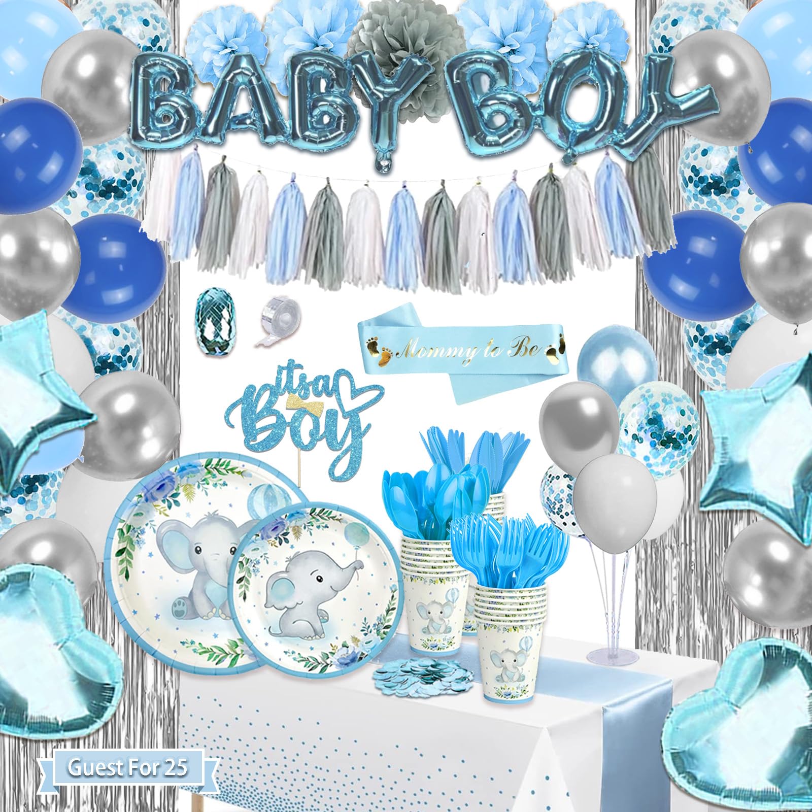 277 Pcs Baby Shower Decorations For Boy, Elephant Boy Baby Shower Decorations Kits - Disposable Dinnerware Set With Blue Elephant (25 Guest), "BABY BOY" Banner, Balloon, Sash, Cake Topper (BLUE)