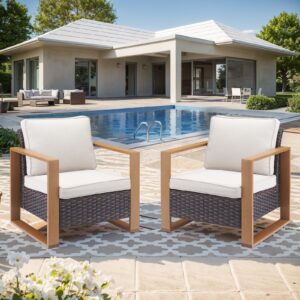 HUMMUH Patio Chairs Set of 2-High Back Rattan Wicker Chairs Outdoor Patio Chairs for Deck Porch Garden Balcony Poolside-Brown/Beige