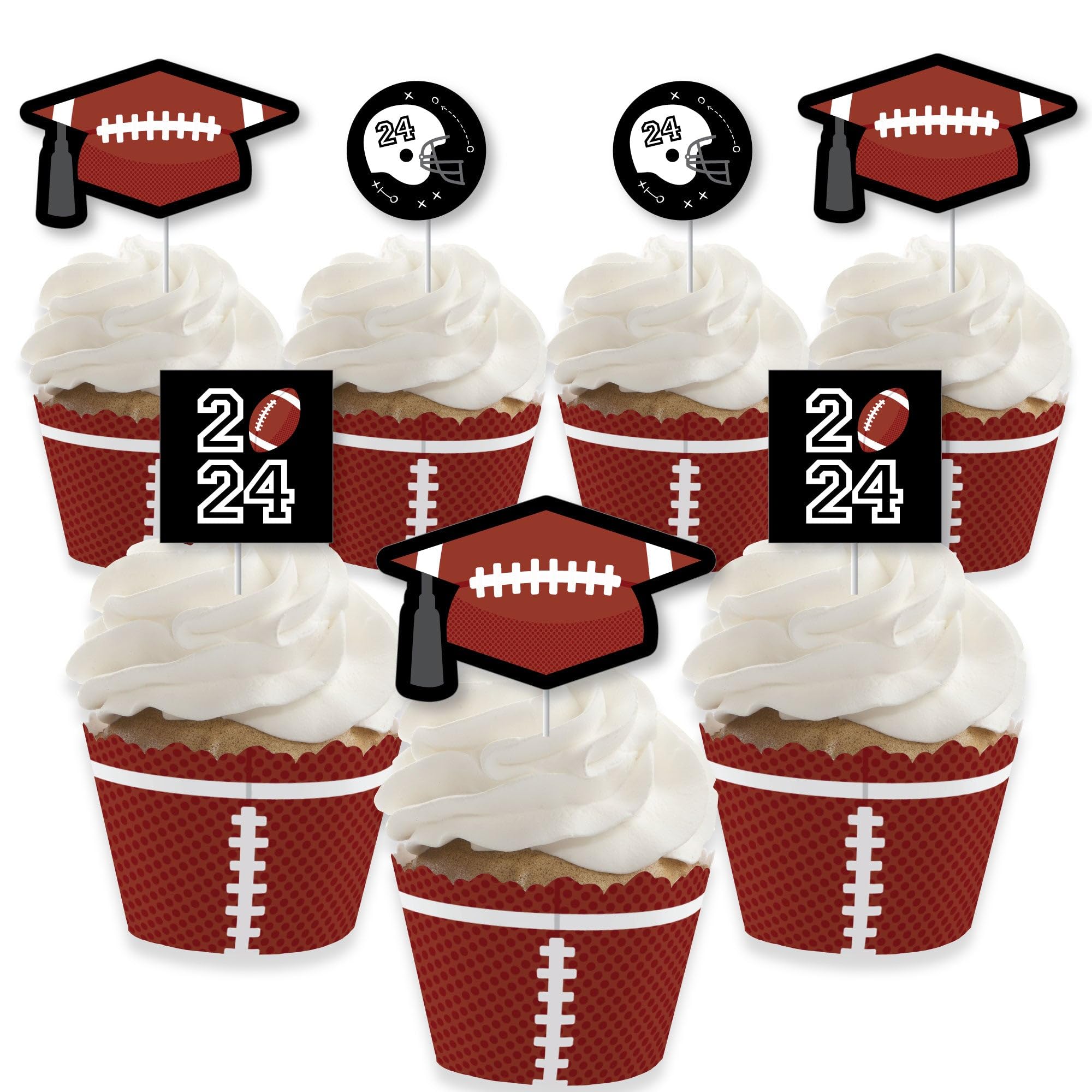 Big Dot of Happiness Grad Football - Cupcake Decoration - 2024 Graduation Party Cupcake Wrappers and Treat Picks Kit - Set of 24