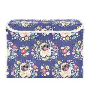 Doterii Cute Pug Dog and Flowers Storage Bin with Lid Fabric Foldable Cube Baskets Closet Toy Organizer