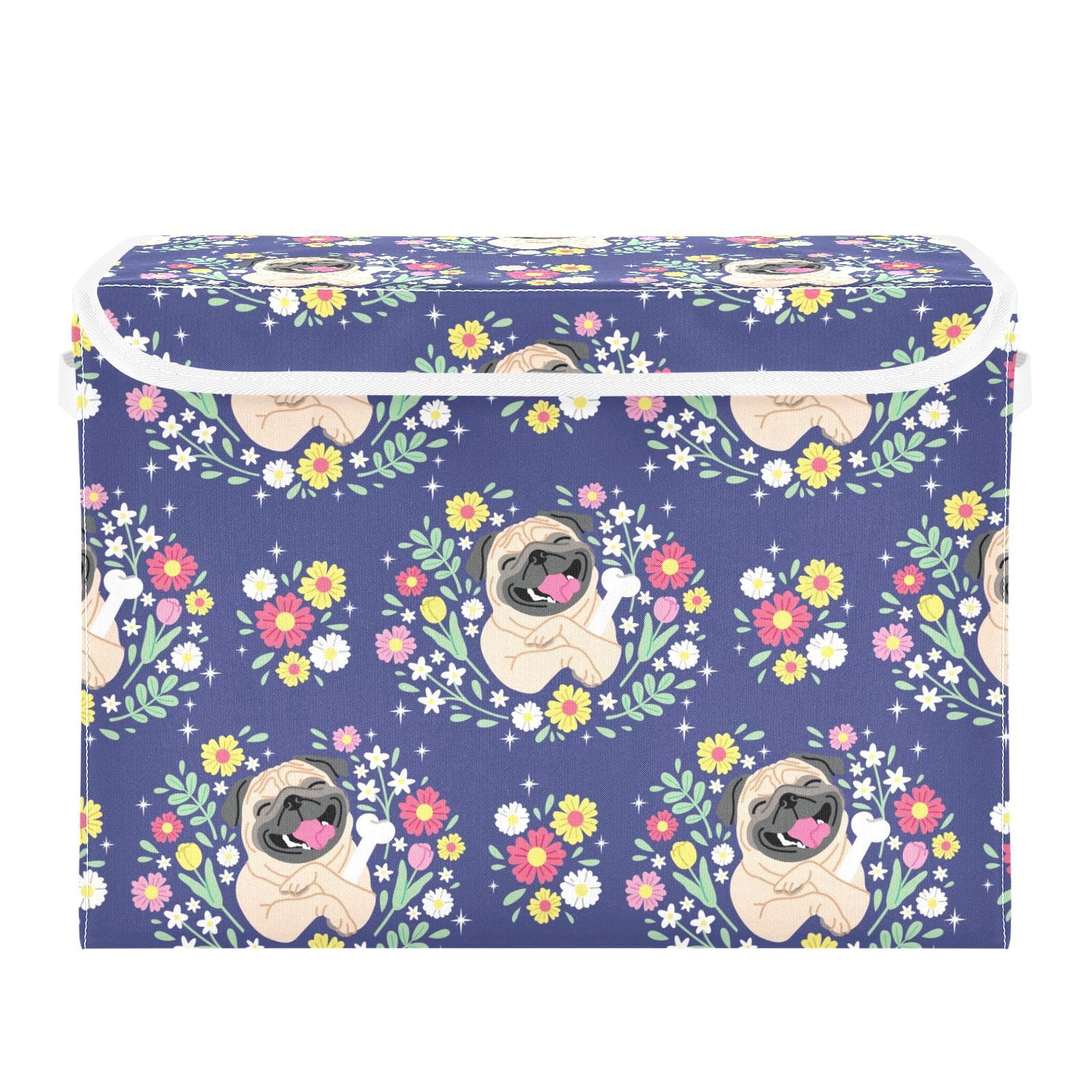 Doterii Cute Pug Dog and Flowers Storage Bin with Lid Fabric Foldable Cube Baskets Closet Toy Organizer