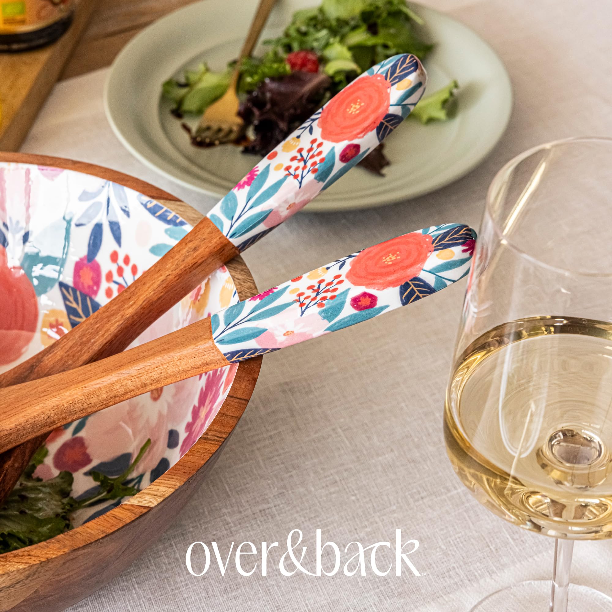 over&back 2pc 12" Wooden Serving Utensils by Jess Phoenix - Wood Fork and Spoon Set to Serve Meals and Mix Salad - Pairs with all our Acacia Serveware