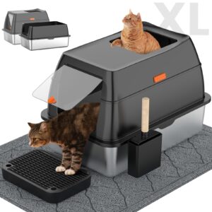 stainless steel litter box with lid,front entry top exit kitty litter box,extra large enclosed metal litter box with litter scoop & litter mat-black