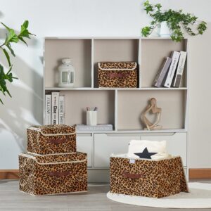 VinneGenzz Storage Bin with Lid Leopard Print Cute Velvet Fabric Storage Basket Box Faux Leather Handles PP Plastic Board Foldable Washable Lidded Closet Shelf Organizer Container (Small Size)