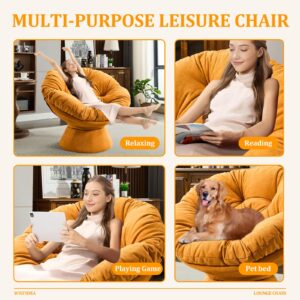 Papasan Chair,Papasan Chair with Cushion and Frame,Comfy Chenille Upholstered Round Reading Chair,Oversized 360° Swivel Accent Chair with Metal Base Lazy Chair for Bedroom,Living Room,Orange