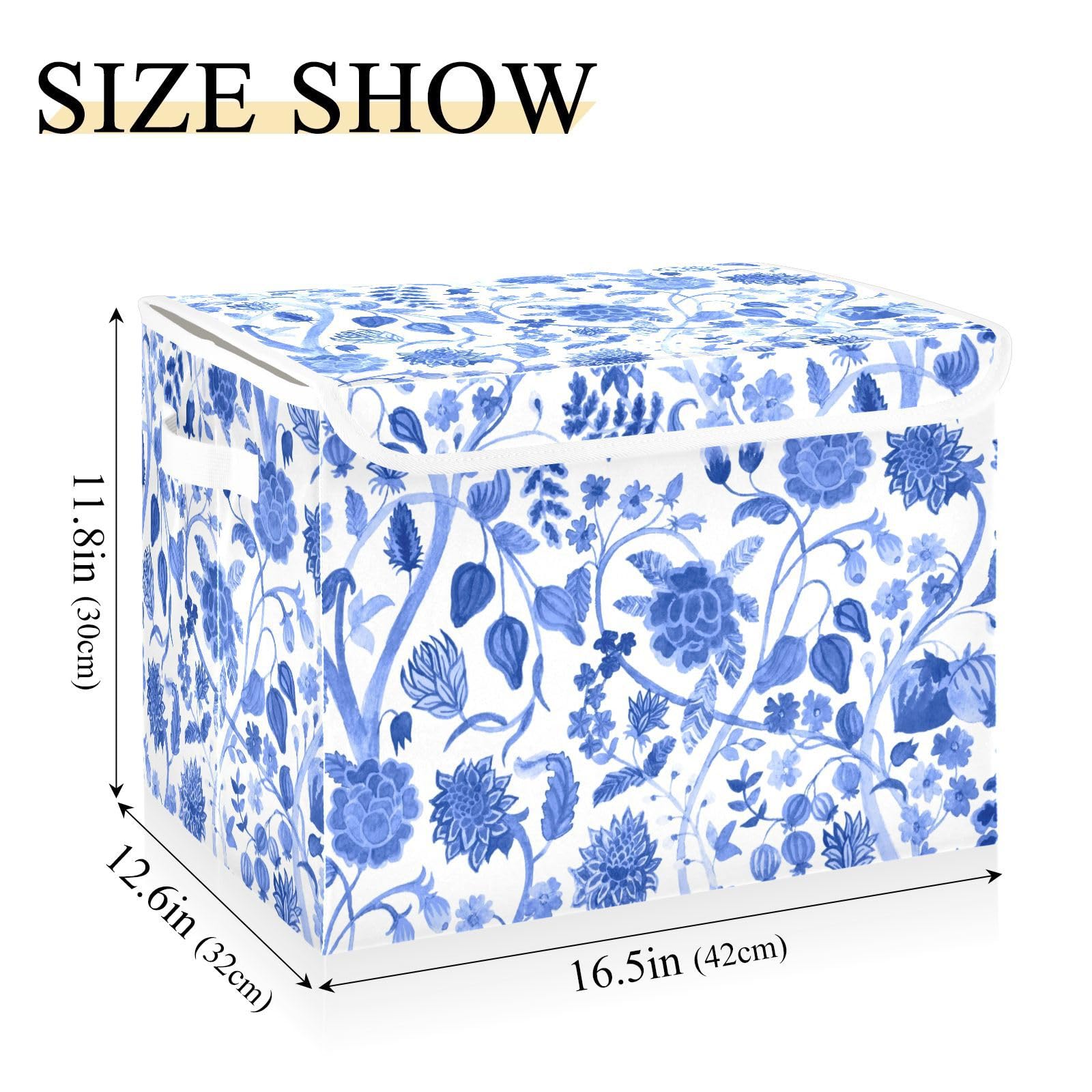 Doterii Blue Chinoiserie Blooming Flowers Storage Bin with Lid Fabric Foldable Cube Baskets Closet Toy Organizer