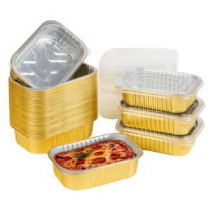 small aluminum pans with lids heavy duty - (40 pack + 40 lids, 6.3"×4.4") 1.2 lb tin foil food containers with lids, disposable tin foil pans with lids for baking, meal prep, freezer and takeout