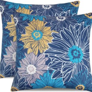 Adabana Outdoor Waterproof Pillow Covers 18x18 Inch Set of 2 Decorative Floral Throw Pillows Cover for Patio Garden Porch Navy Blue