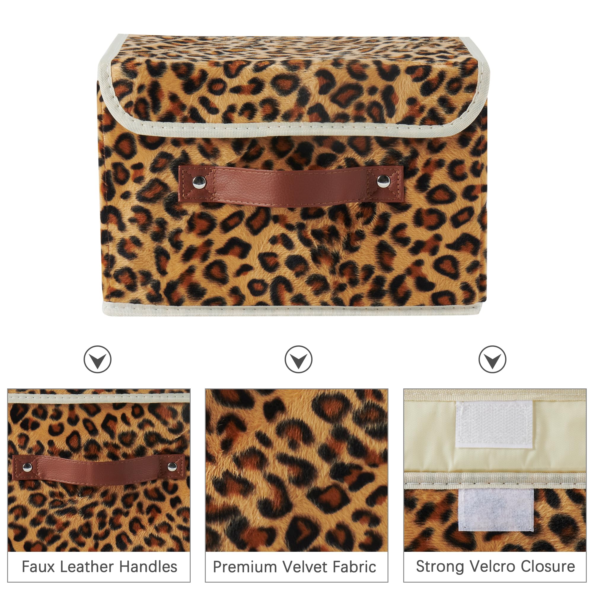 VinneGenzz Storage Bin with Lid Leopard Print Cute Velvet Fabric Storage Basket Box Faux Leather Handles PP Plastic Board Foldable Washable Lidded Closet Shelf Organizer Container (Small Size)