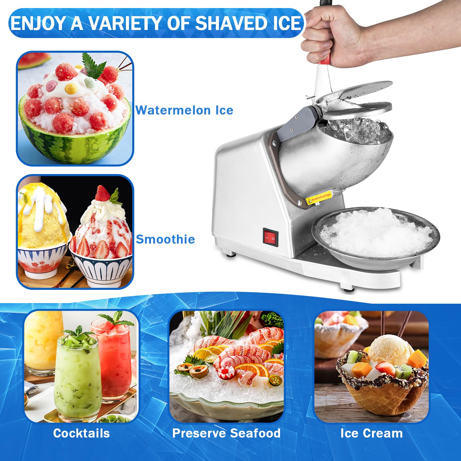 Ice Shaver Machine - Electric 4 Blades Ice Crusher Shaver, Stainless Steel Snow Cone Maker Shaved Ice Machine (300W 2200r/min) for Home & Commercial Use, Prevent Splash, with Ice Pick & Bowl