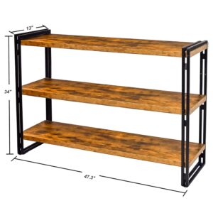 HIBOAT 47" 3-Tier Bookshelf Rustic Wood and Metal Industrial Bookshelf for Home Office, Bedroom, Kitchen, Bathroom (Rustic Brown, 3-Tier)