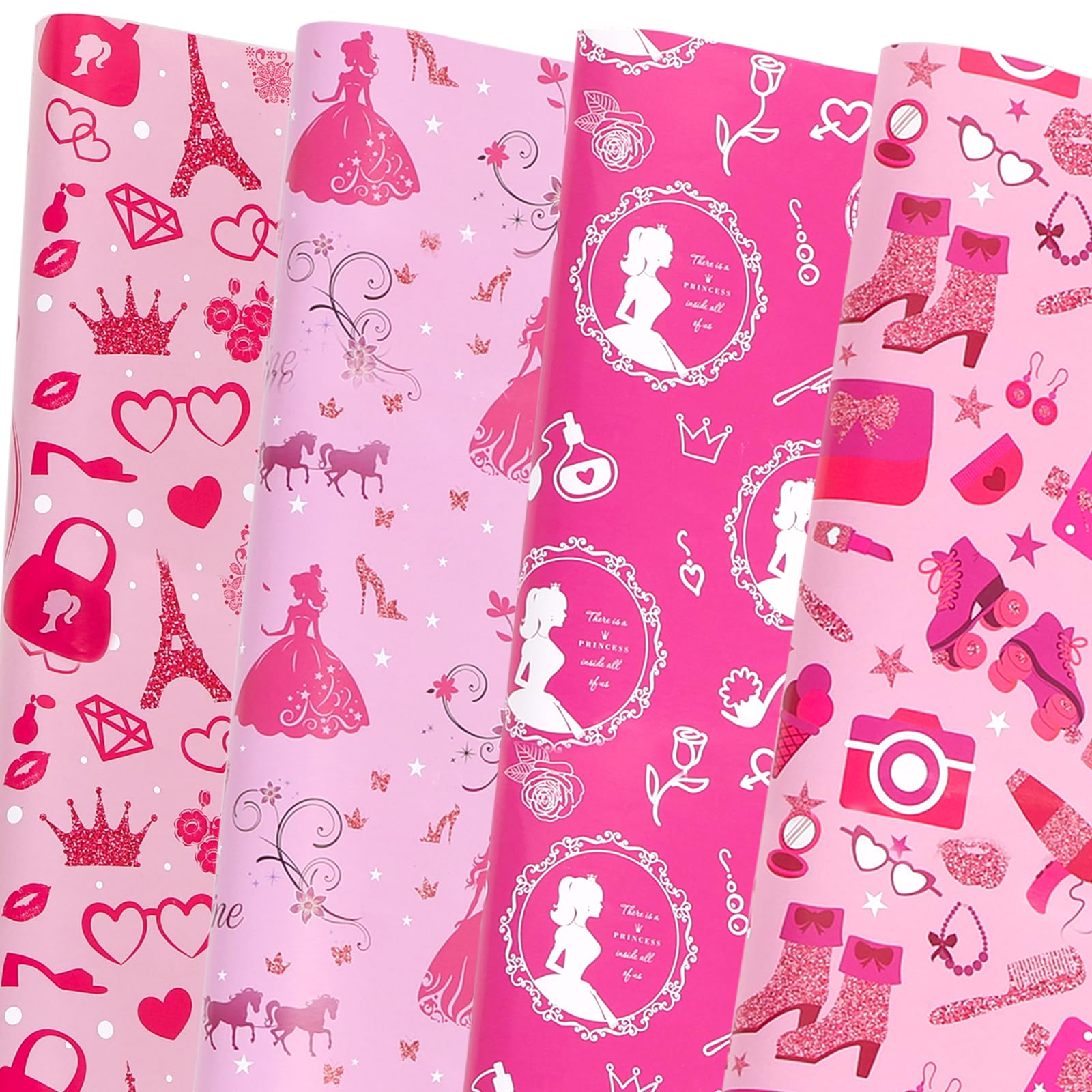 ZJHiome 8 Sheets Girl Princess Wrapping Paper 50x70cm Hot Pink Girl Party Gift Wrap Paper Pink Birthday Wrapping Paper for Kids Girls Birthday Baby Shower Craft Gift DIY Decor