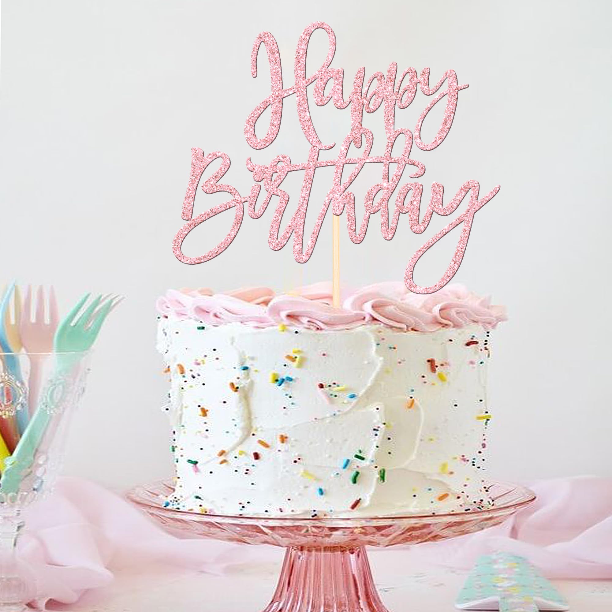 1 PCS Happy Birthday Cake Topper Glitter Happy Birthday Cake Pick for Celebrating Happy Birthday Anniversary Theme Party Cake Decorations Supplies Light Pink