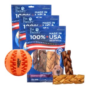 pet factory pet factory beefhide 6" sticks braided chews for dogs, 6 count bundle teeth cleaning chew ball - made in usa, chew treats for dental health, beef chicken flavor [pack of 3]