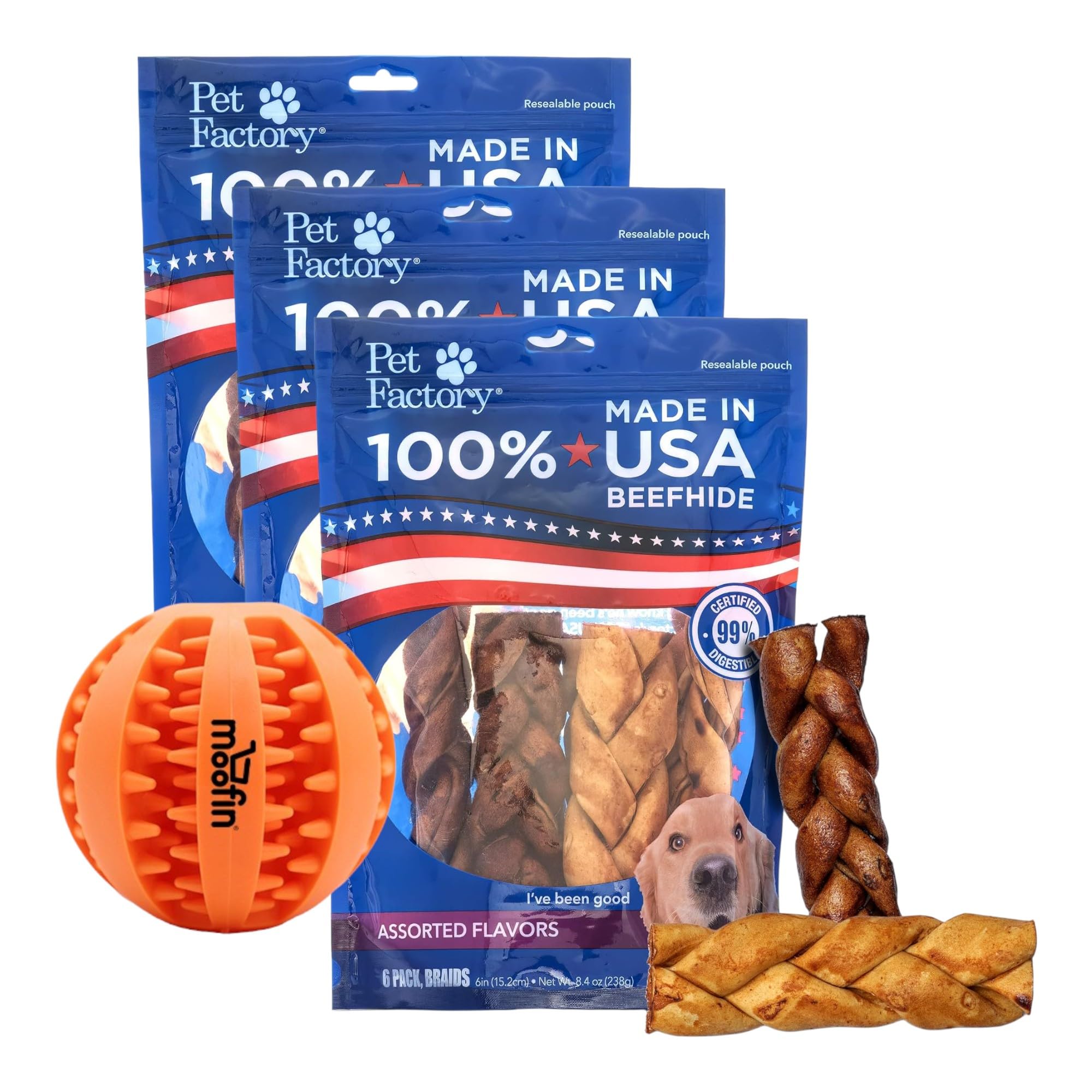 Pet Factory Pet Factory Beefhide 6" Sticks Braided Chews For Dogs, 6 Count Bundle Teeth Cleaning Chew Ball - Made In Usa, Chew Treats For Dental Health, Beef Chicken Flavor [Pack Of 3]