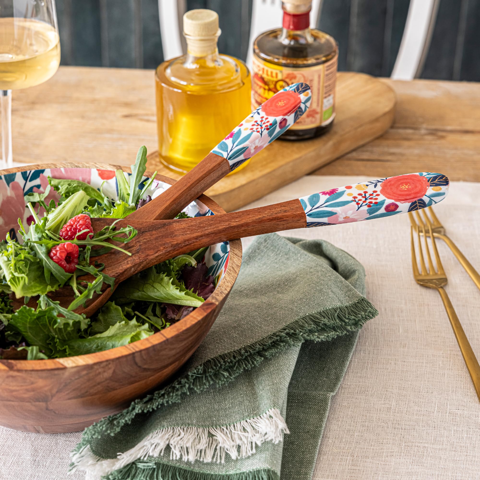 over&back 2pc 12" Wooden Serving Utensils by Jess Phoenix - Wood Fork and Spoon Set to Serve Meals and Mix Salad - Pairs with all our Acacia Serveware